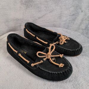 Coach Antonia Slip On Shoes Womens 6.5 Black Moccasin Slipper Charm Sherpa Lined